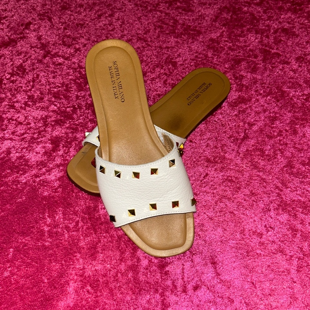 White Leather Slide Sandals with Rock Stud Accents